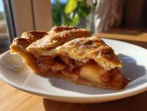 A close-up of a decadent slice of apple pie showing rich apple filling and flaky, sugared crust, reminiscent of apple pie cookies.