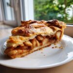 Close-up of a thick slice of classic apple pie showing flaky crust and cinnamon apple filling, reminiscent of apple pie cookies.