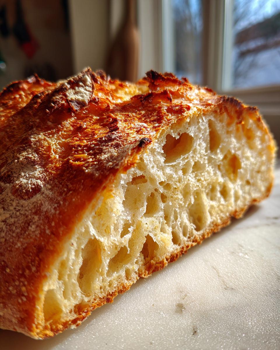 Close-up of a slice of artisan bread showing a beautiful open, airy crumb structure and golden crust.