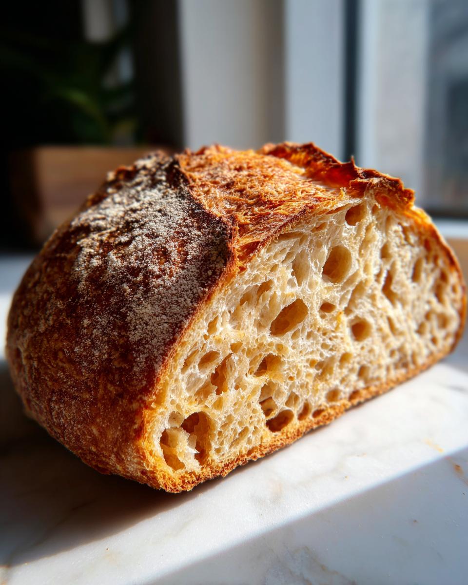 Close-up of a freshly baked artisan bread loaf cut in half, showing a beautiful open crumb structure and golden crust.