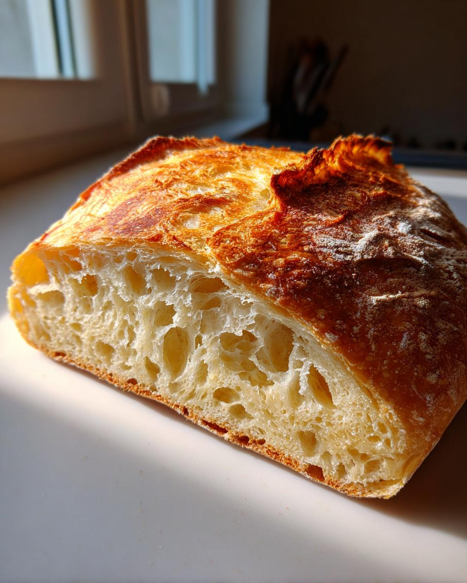 Close-up of a slice of artisan bread showing a beautiful, open crumb structure and golden crust.