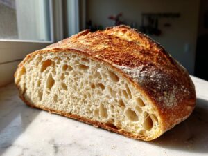 Close-up of a freshly baked artisan bread loaf cut in half, showing an open, airy crumb structure.