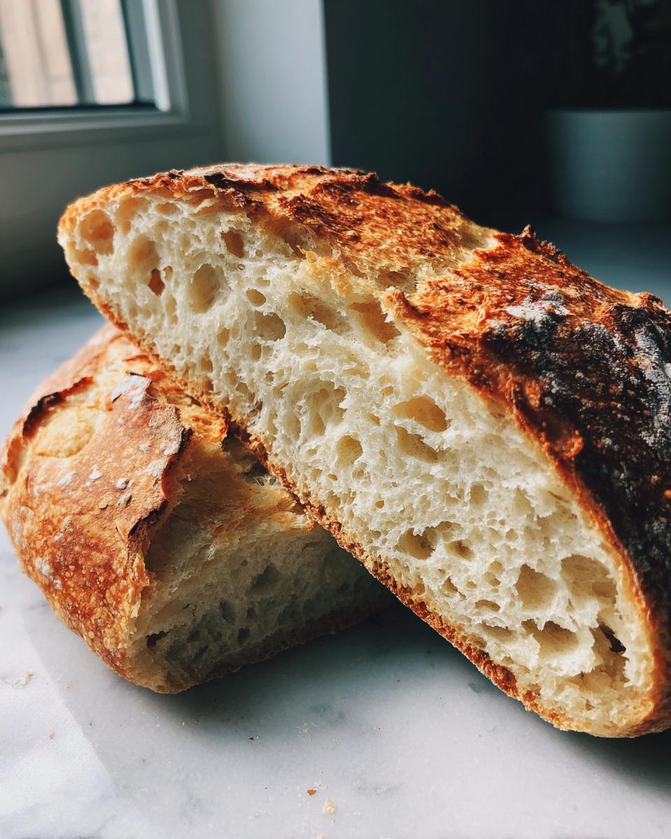 Close-up of artisan bread cut in half, showing an open, airy crumb structure and golden-brown crust.