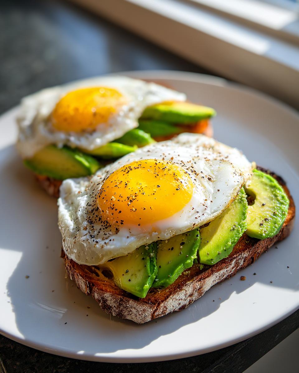 Two slices of toast topped with avocado and sunny-side-up eggs, seasoned with pepper, shown as a breakfast alternative to sweet potato toast.