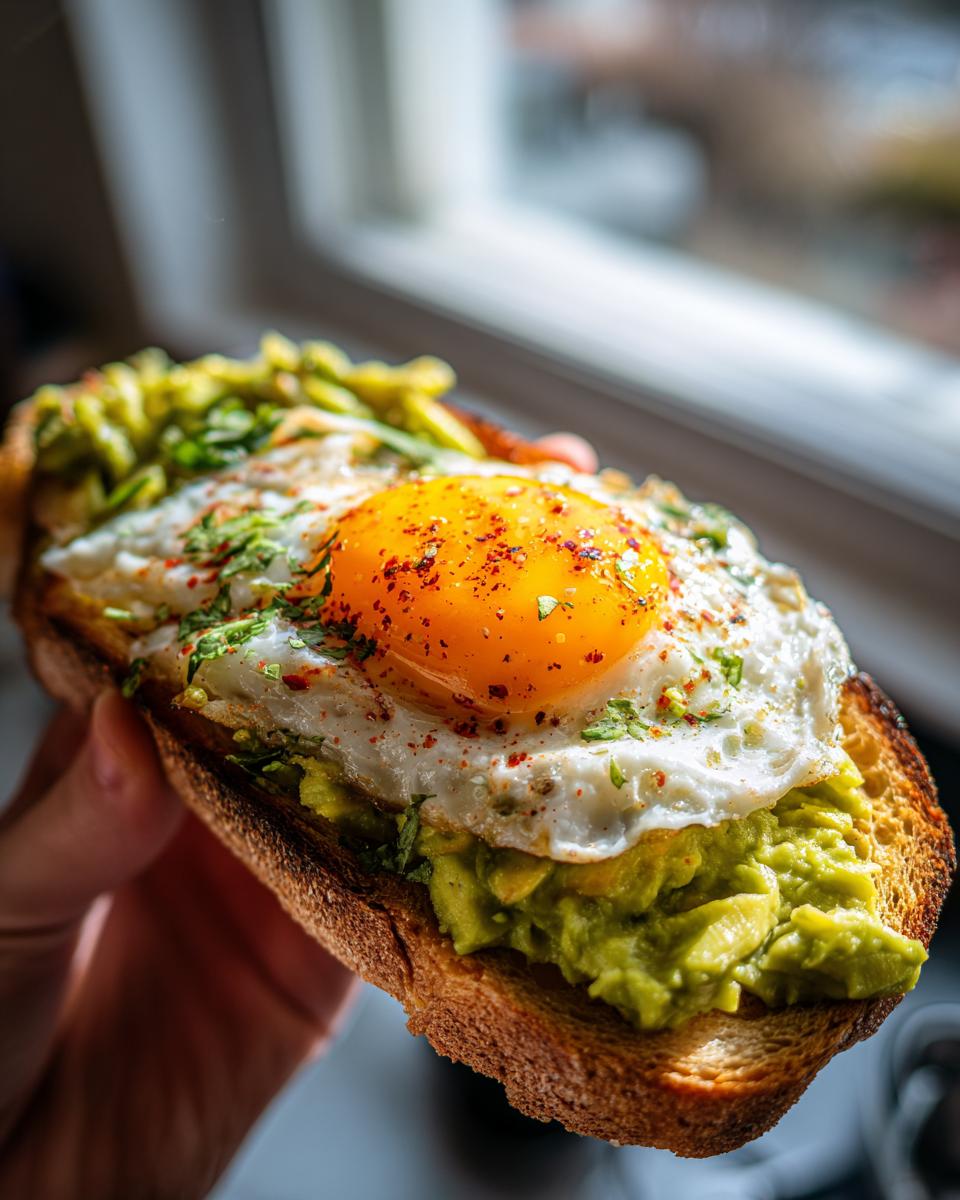 A close-up of delicious avocado toast topped with a sunny-side-up fried egg and spices.