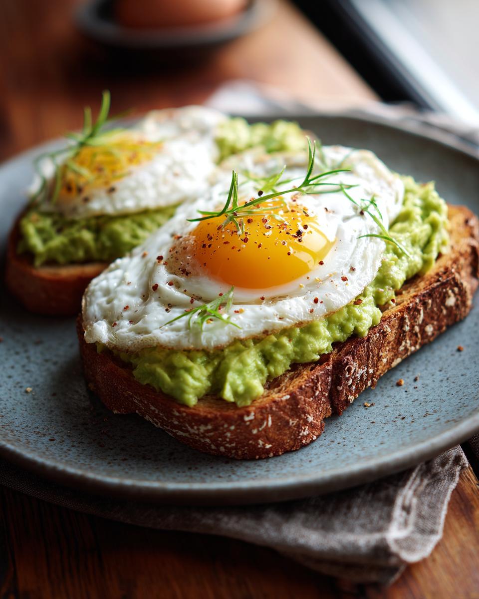 Two slices of avocado toast topped with mashed avocado and sunny-side-up fried eggs, seasoned with pepper.