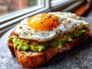 Close-up of perfect avocado toast topped with creamy mashed avocado and a sunny-side-up fried egg sprinkled with chili flakes.