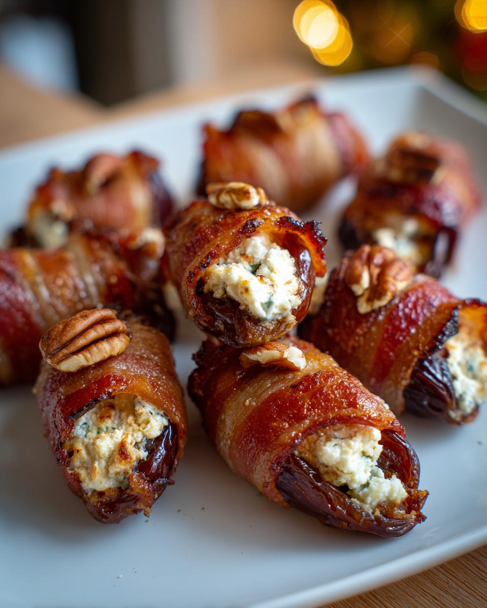 Close-up of several bacon wrapped stuffed dates filled with creamy cheese and topped with pecans.