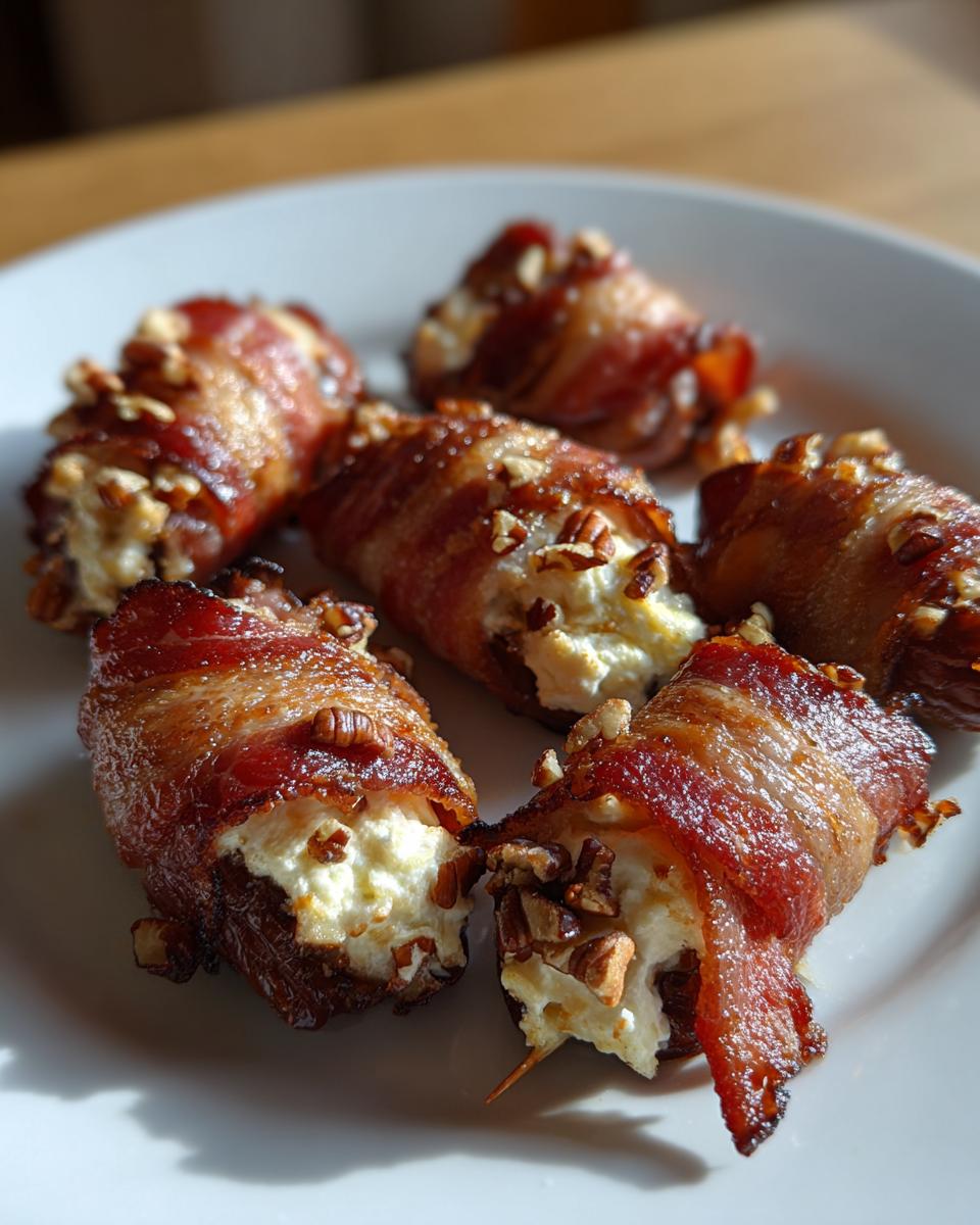 Close-up of five bacon wrapped stuffed dates filled with cream cheese and topped with chopped pecans on a white plate.