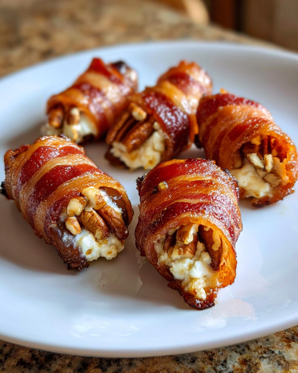 Five crispy bacon wrapped stuffed dates filled with cream cheese and pecans served on a white plate.