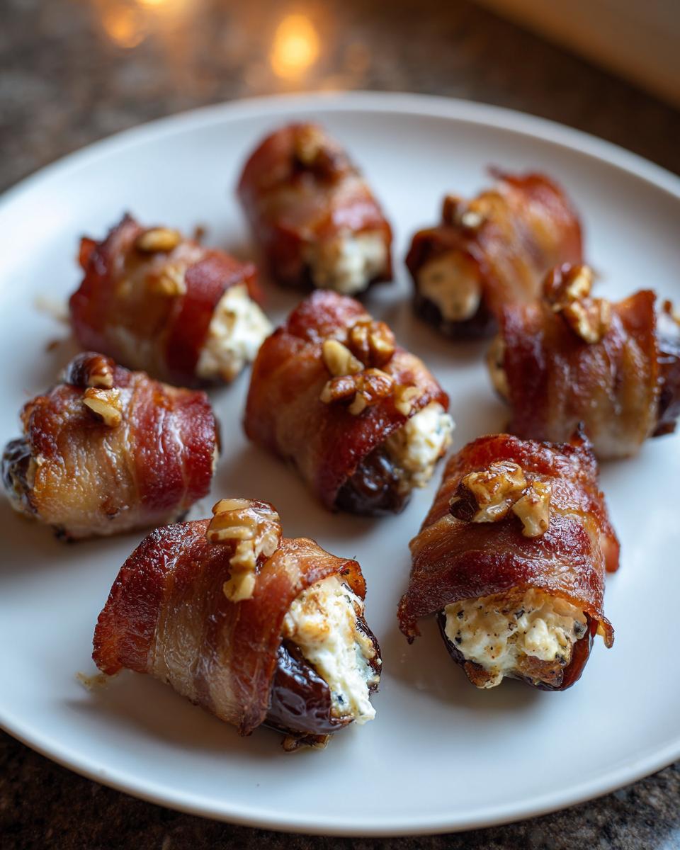 Close-up of several bacon wrapped stuffed dates, filled with cheese and topped with walnuts, served on a white plate.