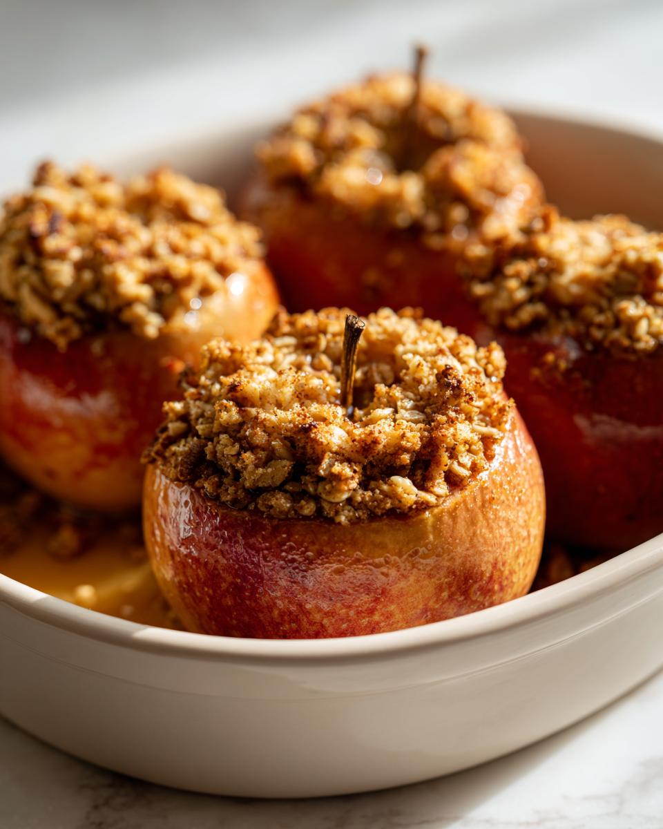 Four golden-brown baked apple desserts topped with a crunchy oat crumble, sitting in a light ceramic baking dish.