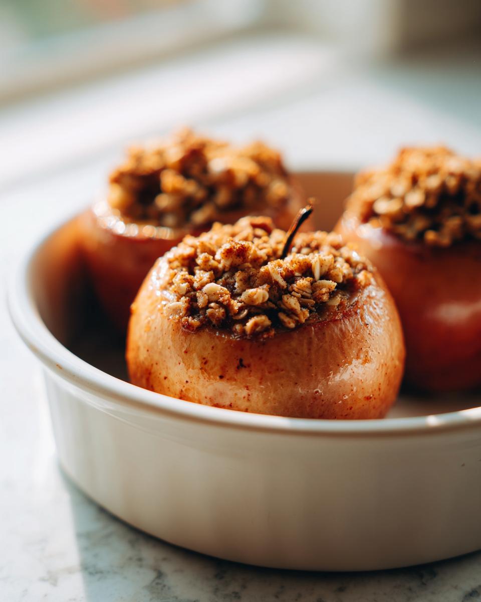 Three warm baked apple desserts topped with a crunchy oat crumble filling, sitting in a white baking dish.