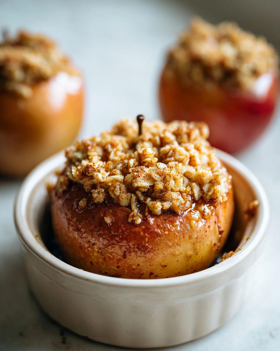 A close-up of a perfectly baked apple dessert topped with a golden oat crumble, served in a small ramekin.