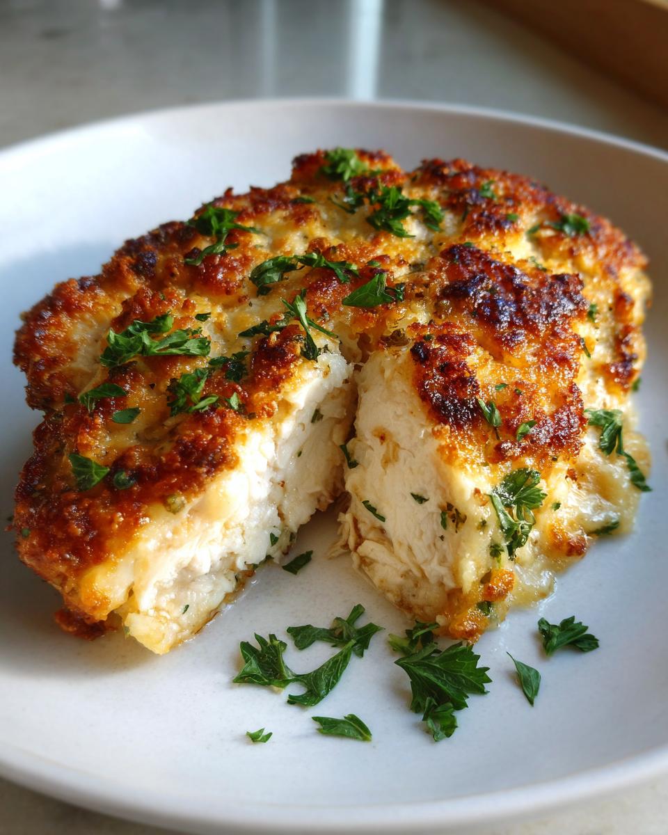 Close-up of a baked caesar chicken breast, cut in half to show juicy white meat and a golden, cheesy crust.