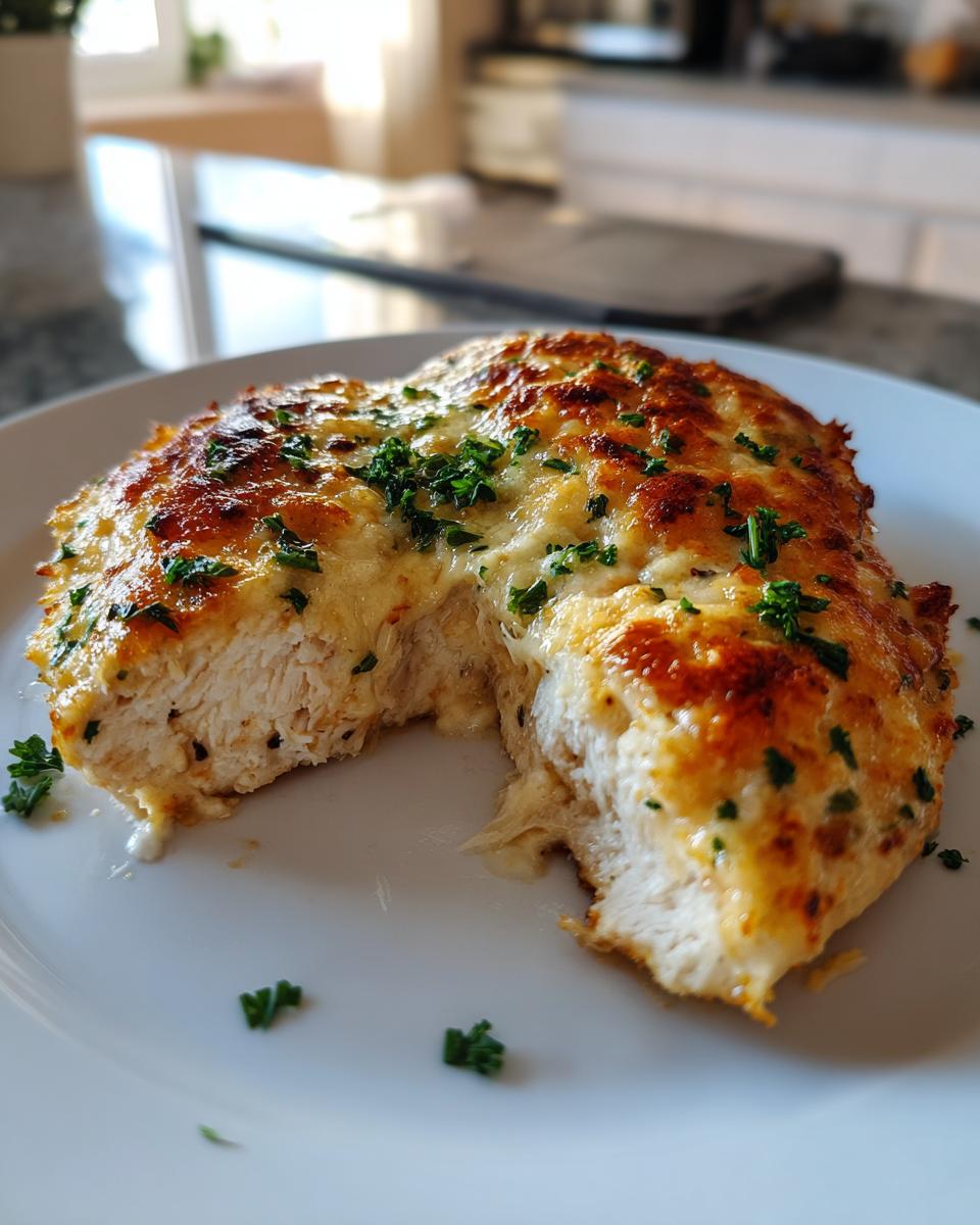A juicy piece of baked caesar chicken, cut open to show the white meat, topped with melted, browned cheese and fresh parsley.