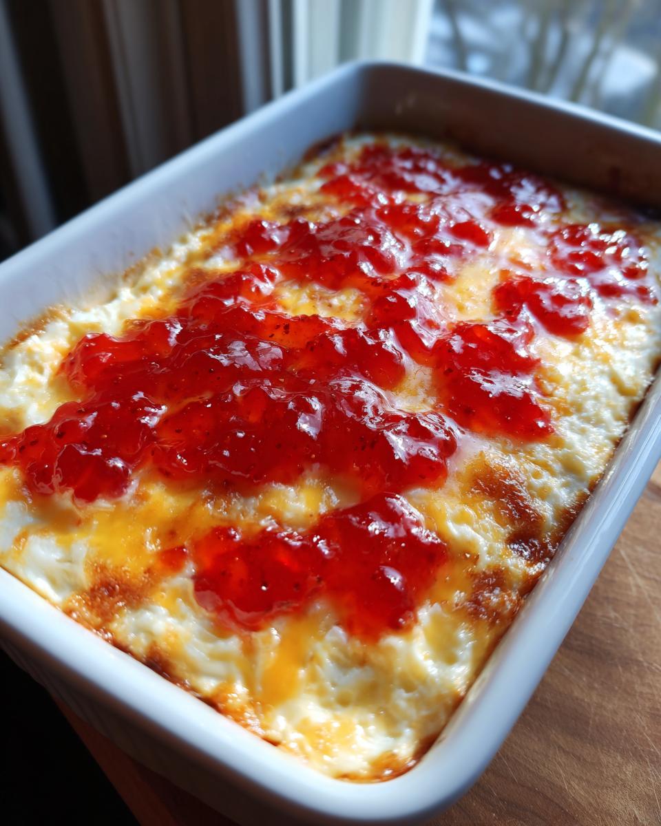 Close-up of a baked pepper jelly cheese dip, showing melted cheese topped with bright red pepper jelly in a white baking dish.