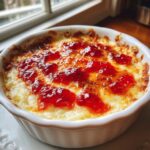 Close-up of baked pepper jelly cheese dip, showing melted cheese topped with bright red pepper jelly in a white ramekin.