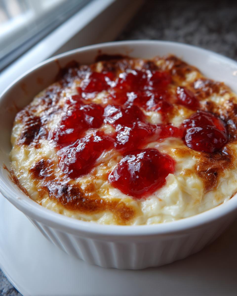 Close-up of baked pepper jelly cheese dip, showing melted cheese with browned edges and bright red jelly topping.