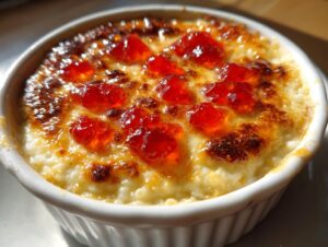 Close-up of a hot, baked pepper jelly cheese dip with melted, browned cheese and bright red jelly dollops.