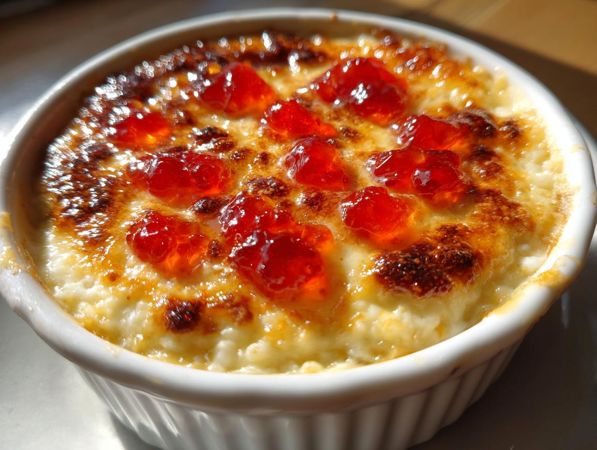 Close-up of a hot, baked pepper jelly cheese dip with melted, browned cheese and bright red jelly dollops.