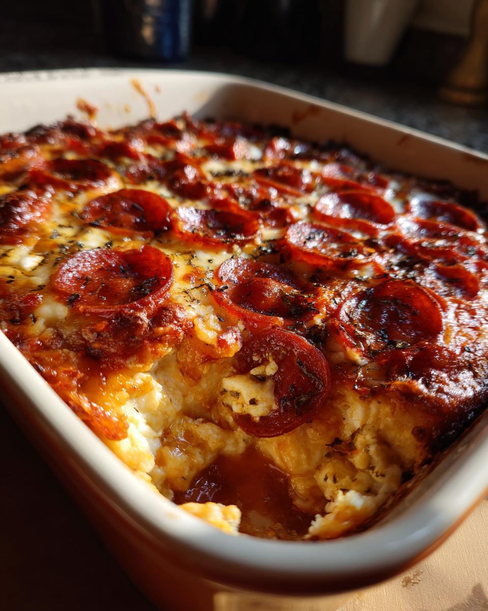 Close-up of a bubbling, baked pepperoni pizza dip with melted cheese in a square baking dish.