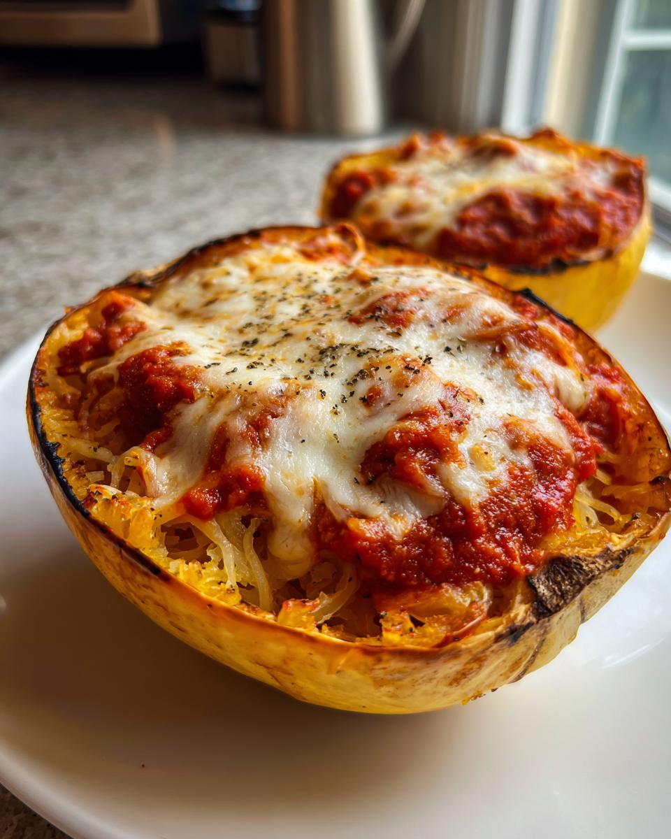 A baked half of spaghetti squash filled with strands, topped with marinara sauce and melted mozzarella cheese for spaghetti squash lasagna.