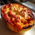 A baked half of spaghetti squash lasagna with a bubbly, browned cheese topping.