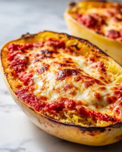 Close-up of baked spaghetti squash lasagna topped with melted, browned cheese and marinara sauce.