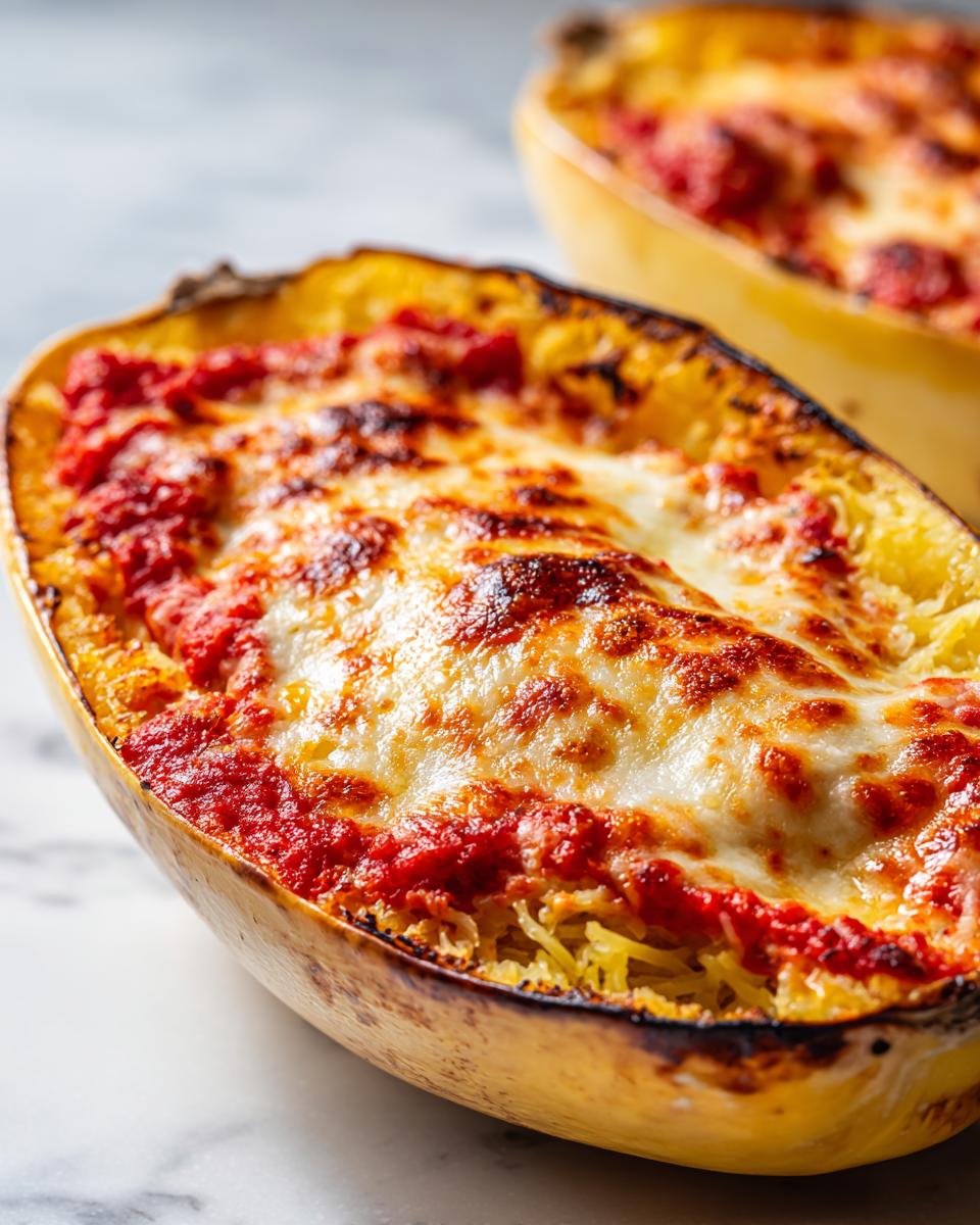 Close-up of baked spaghetti squash lasagna topped with melted, browned cheese and marinara sauce.