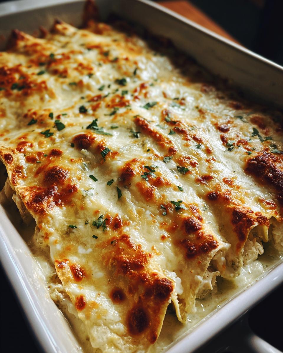 Close-up of freshly baked white chicken enchiladas covered in melted, browned cheese and sprinkled with parsley.