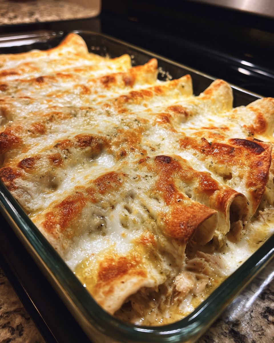 Close-up of baked white chicken enchiladas topped with melted, browned cheese in a glass baking dish.