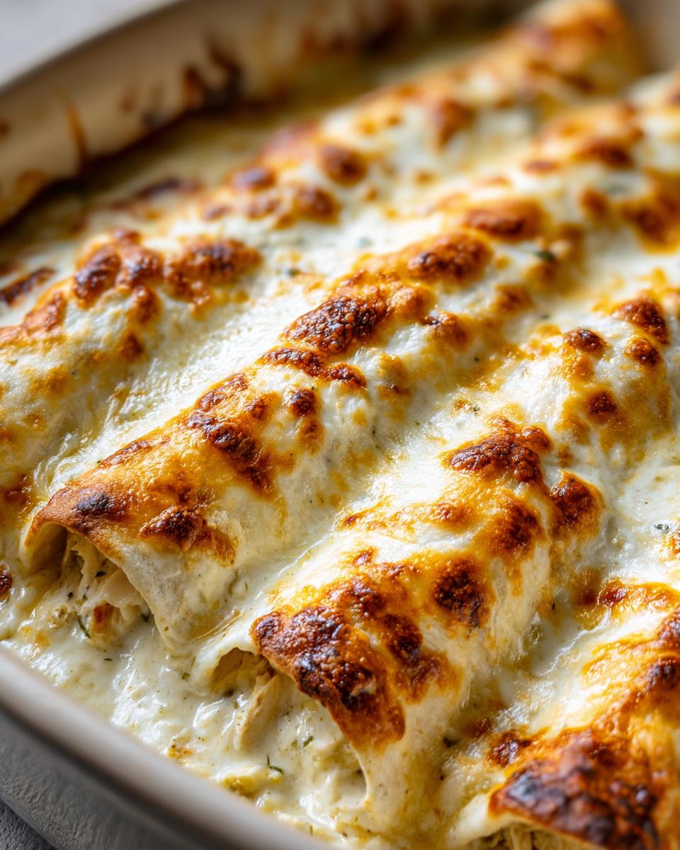 Close-up of baked white chicken enchiladas covered in bubbling, browned cheese sauce.