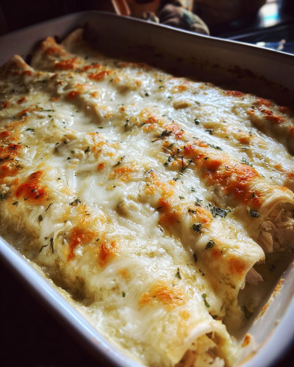 Close-up of freshly baked white chicken enchiladas covered in melted, bubbly white cheese and green herbs.