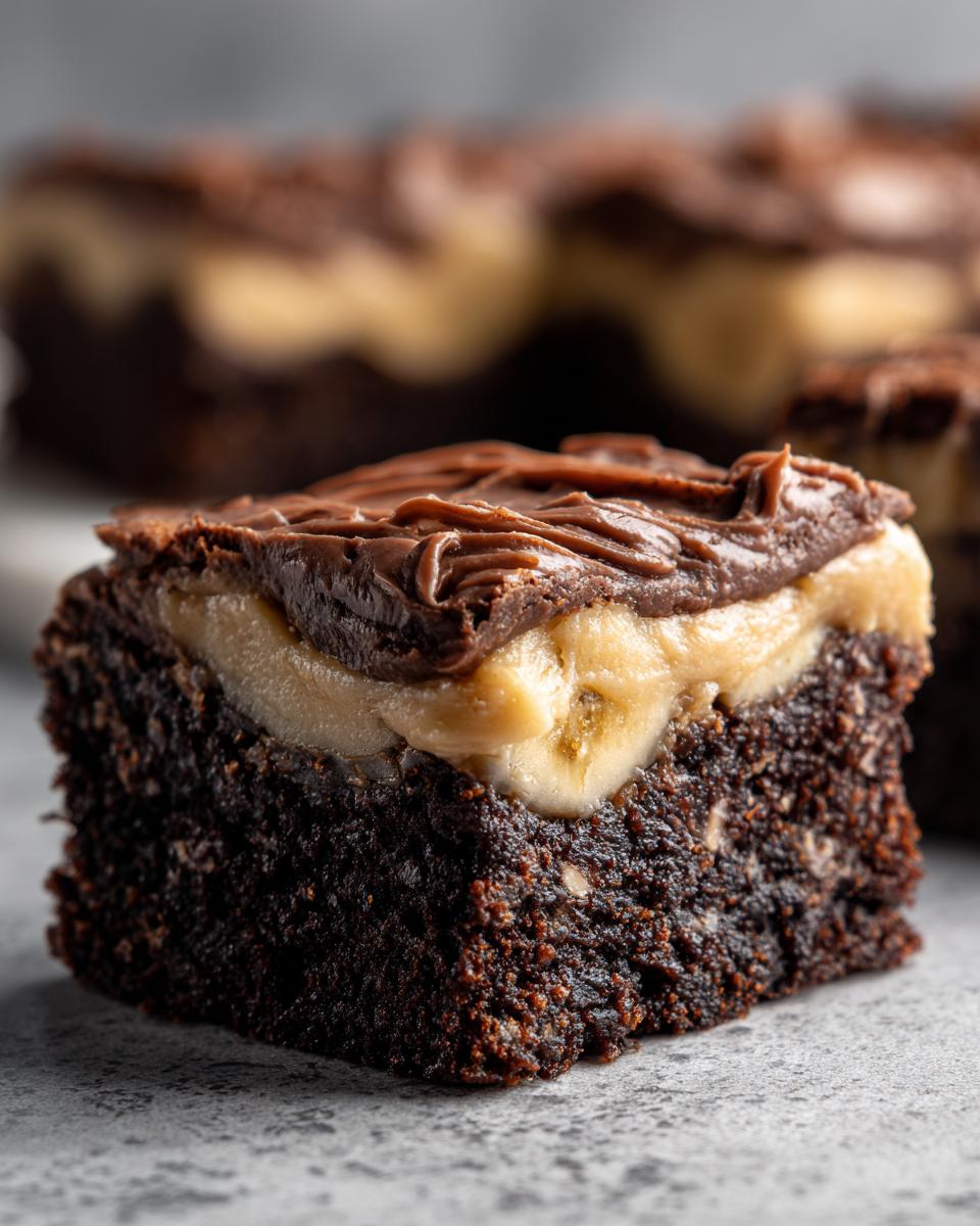 Close-up of a moist banana bread brownies square featuring a dark chocolate base, a layer of banana filling, and chocolate frosting.
