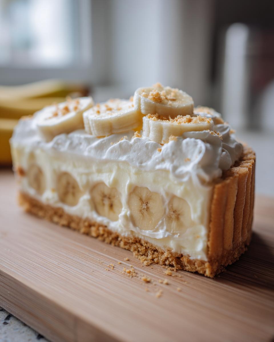 A close-up slice of banana cream cheesecake featuring a graham cracker crust, creamy filling with banana slices, and whipped topping.