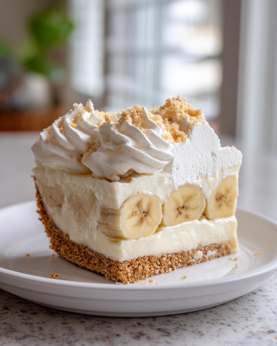 A tall slice of banana cream cheesecake featuring a graham cracker crust, layers of cream, sliced bananas, and piped whipped cream topping.