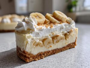 A close-up slice of banana cream cheesecake showing graham cracker crust, creamy filling with banana slices, and whipped cream topping.