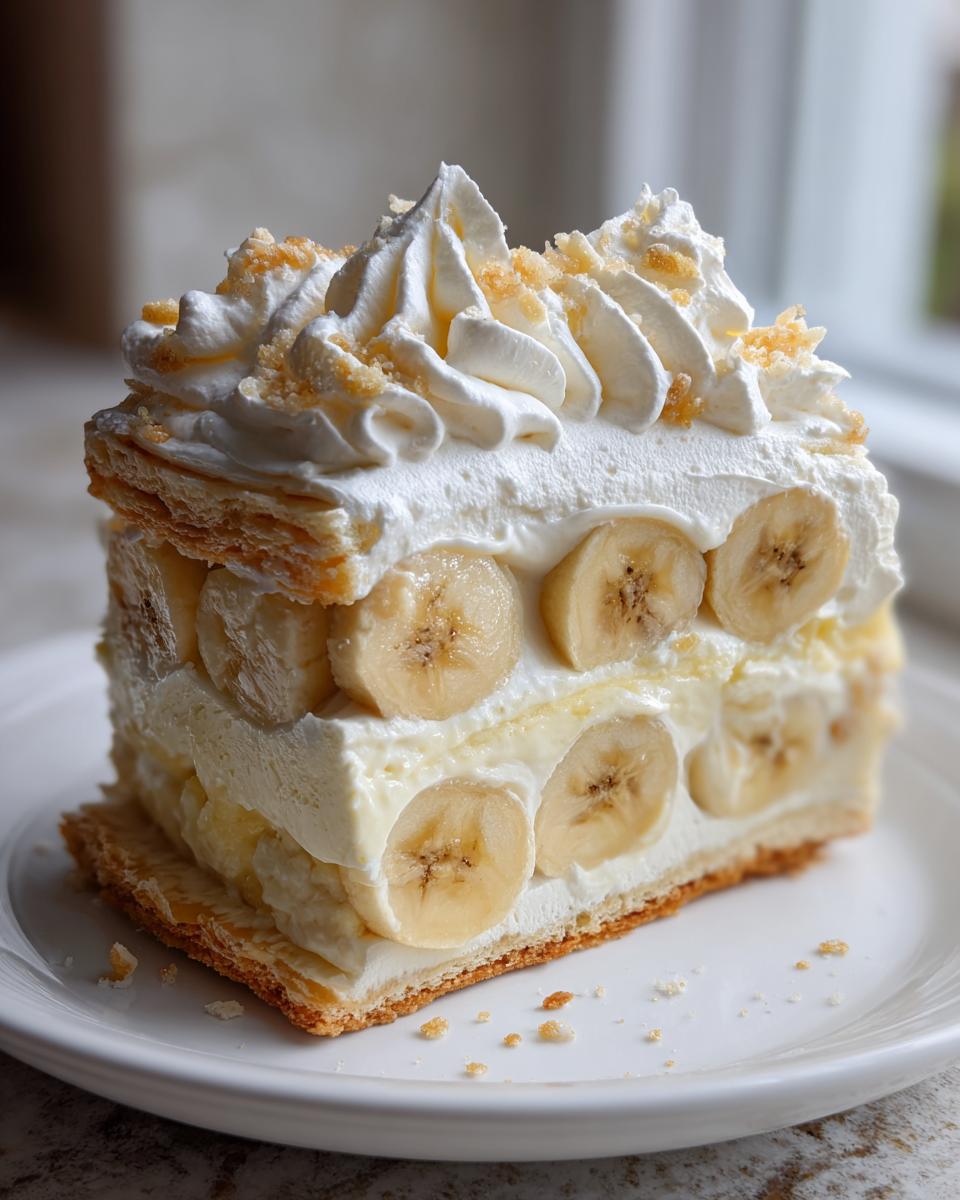A decadent slice of banana cream cheesecake featuring layers of cream, sliced bananas, and flaky pastry, topped with whipped cream.