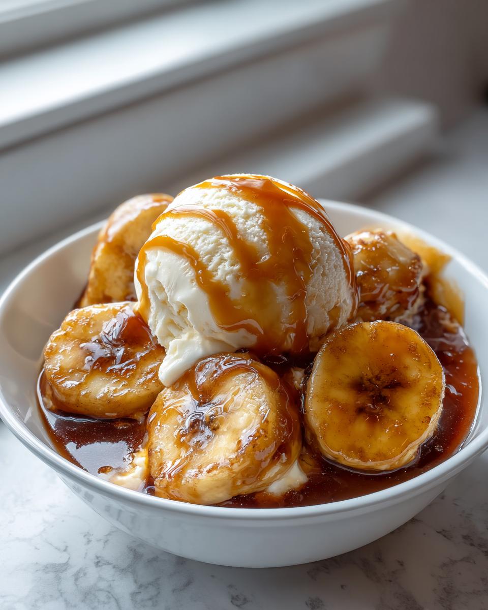A white bowl filled with caramelized bananas and a scoop of vanilla ice cream drizzled with caramel sauce, classic Bananas Foster.