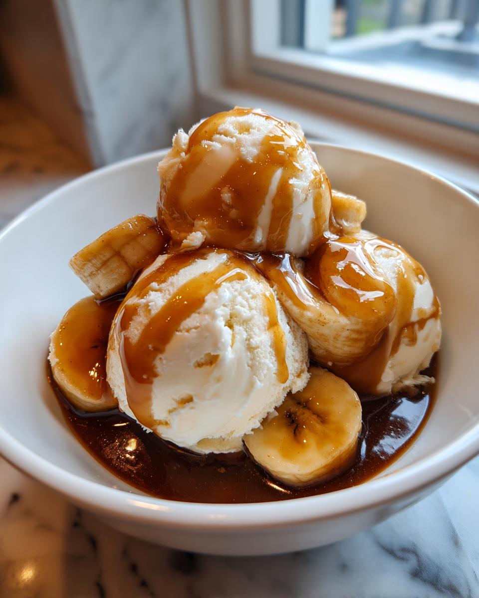 Three scoops of vanilla ice cream topped with caramelized bananas and rich sauce for Bananas Foster.