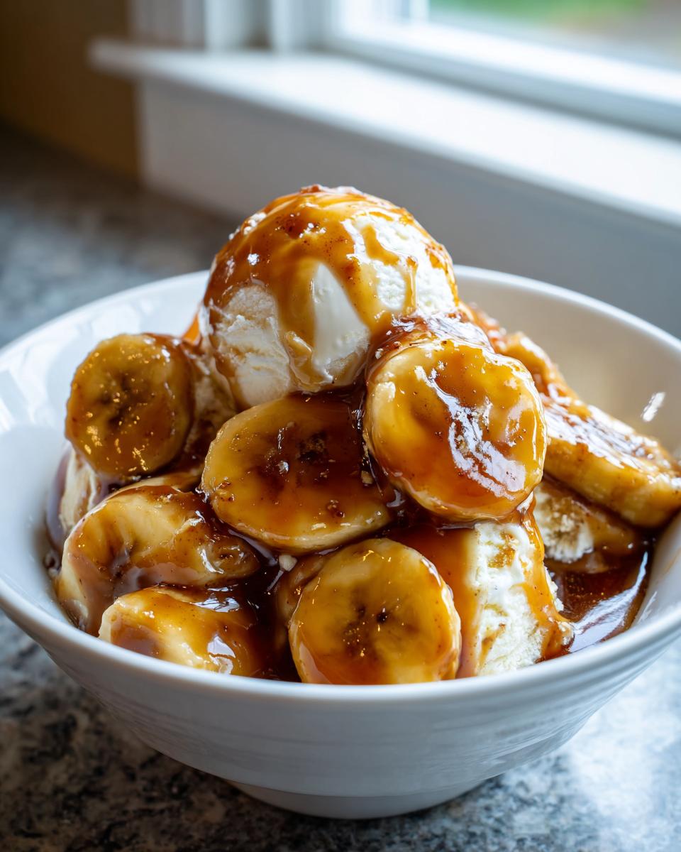 A white bowl filled with Bananas Foster, featuring caramelized bananas and vanilla ice cream drizzled with sauce.