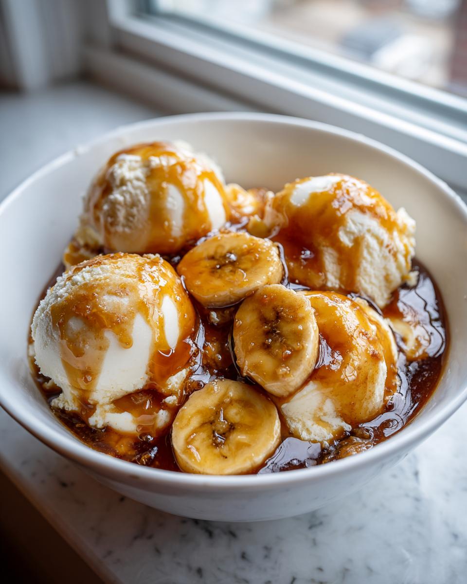 A white bowl filled with scoops of vanilla ice cream topped with caramelized bananas and rich sauce from Bananas Foster.