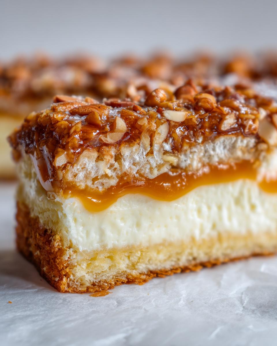 Close-up of a layered bee sting cake slice showing sponge, cream filling, caramel, and almond topping.