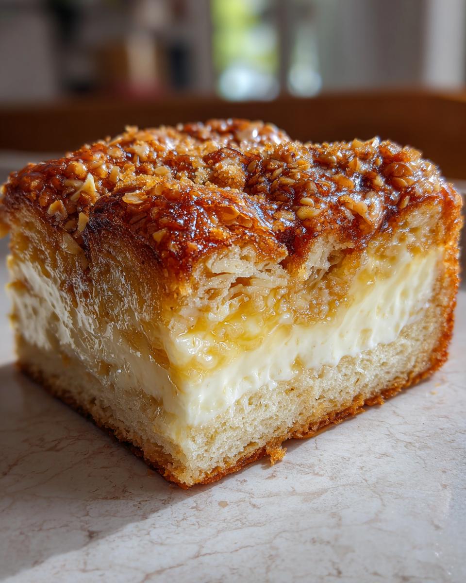 Close-up of a square slice of bee sting cake showing the cake base, thick cream filling, and crunchy honey-nut topping.