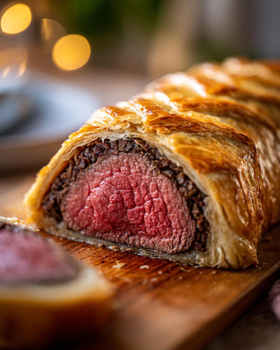 Close-up of a perfectly cooked beef wellington recipe slice showing medium-rare pink center and golden puff pastry.