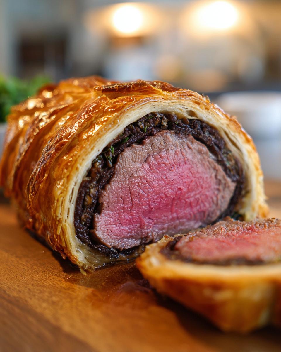 Cross-section of a golden-crusted beef wellington recipe showing medium-rare tenderloin and mushroom duxelles.