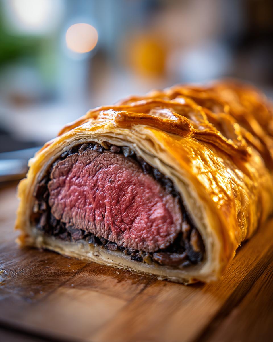 Close-up of a slice of beef wellington recipe showing medium-rare pink center and golden pastry.