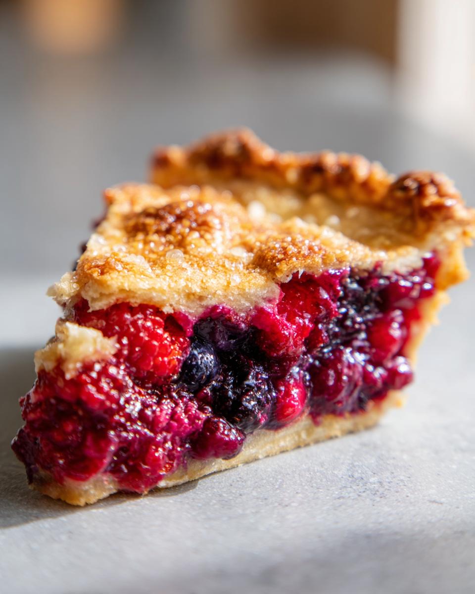 A close-up of a slice of juicy berry pie showing the vibrant red and purple filling and a golden, sugared crust.
