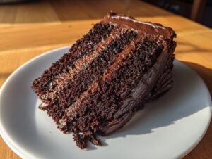 A thick, moist slice of dark chocolate cake with rich frosting, served on a white plate.